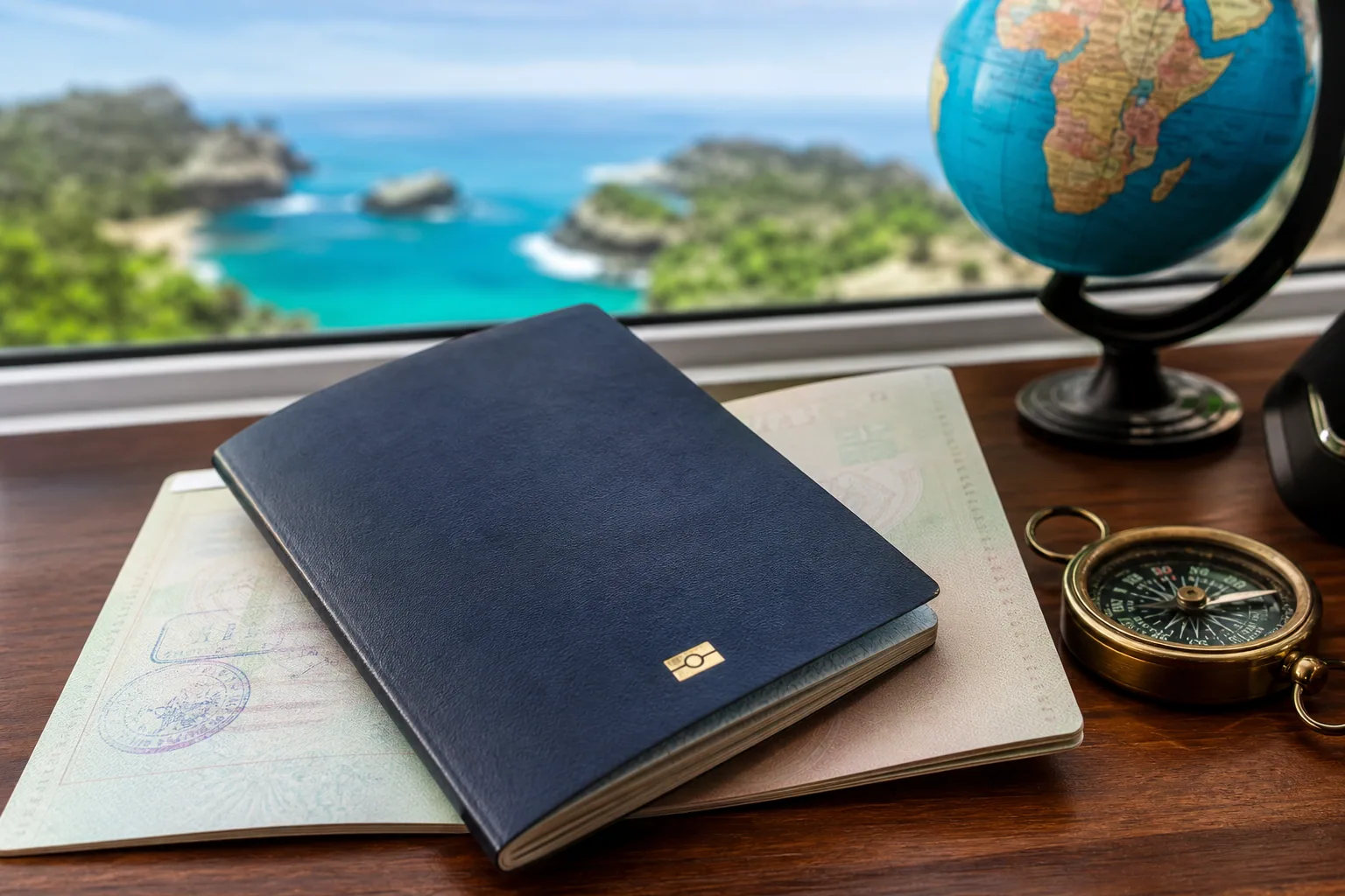 Passeport posé sur une carte du monde, à côté d'une carte d'embarquement et de lunettes de soleil