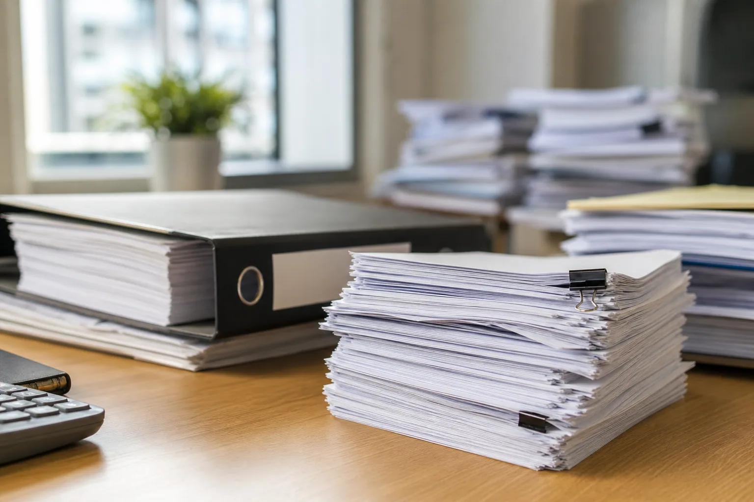 Classeur de bulletins de salaire et documents administratifs rangés sur un bureau, lumière naturelle