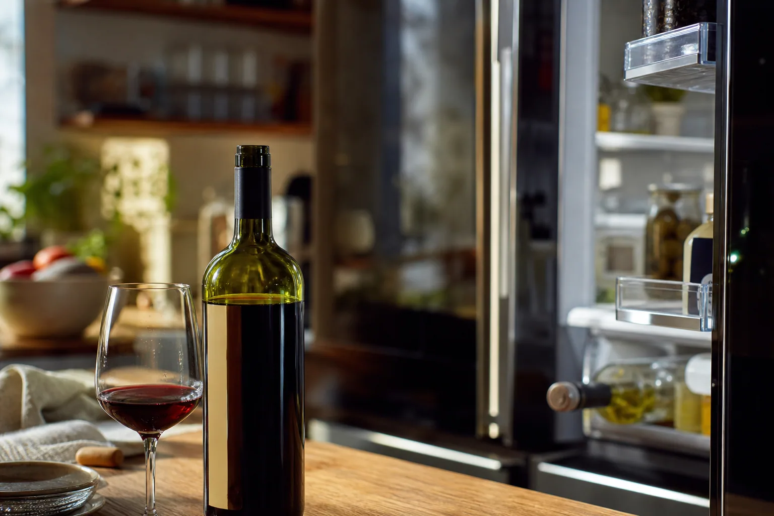Bouteille de vin entamée et un verre posés près d’un réfrigérateur ouvert, ambiance cuisine