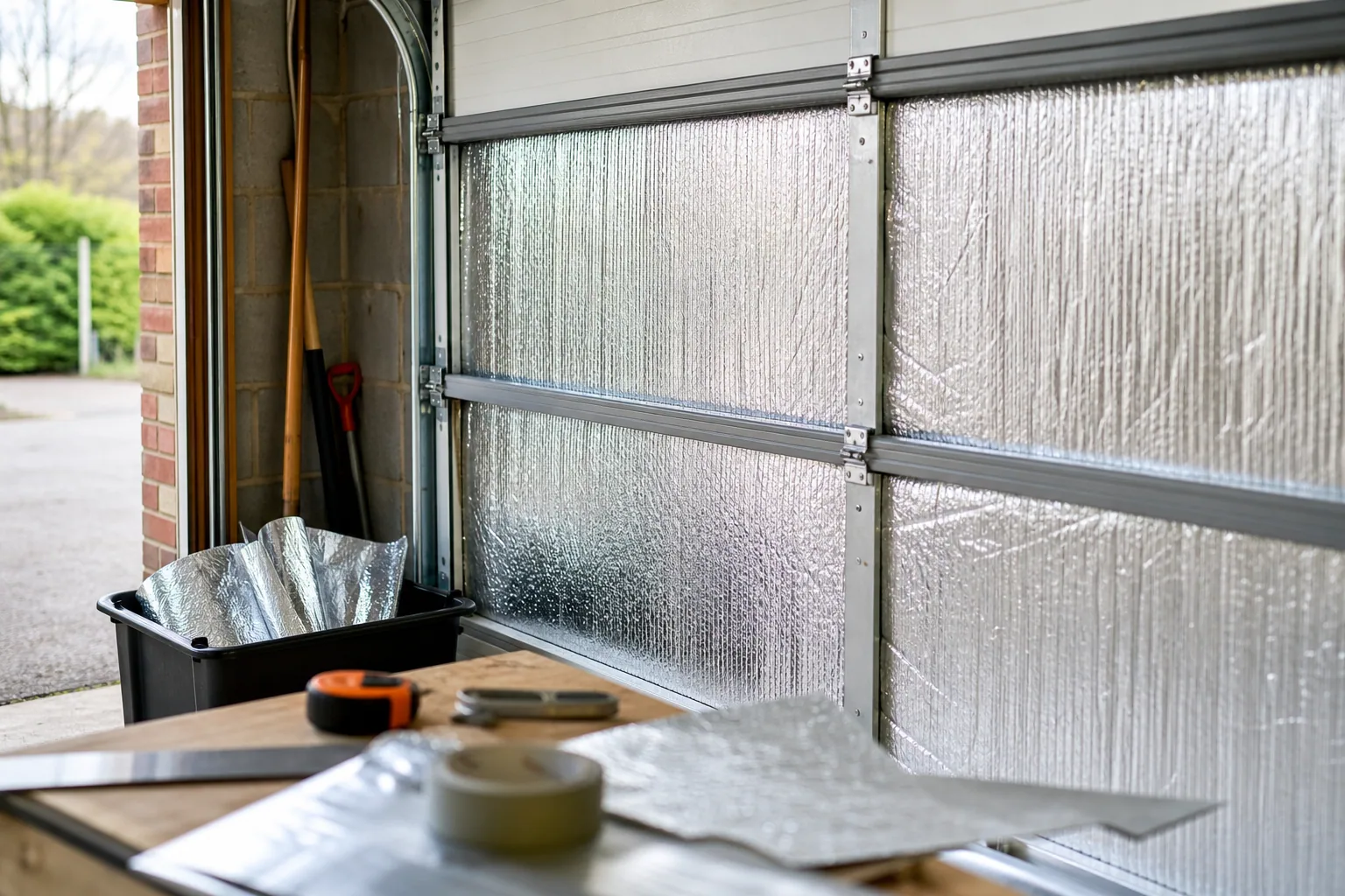 Panneaux isolants posés sur la face intérieure d’une porte de garage sectionnelle