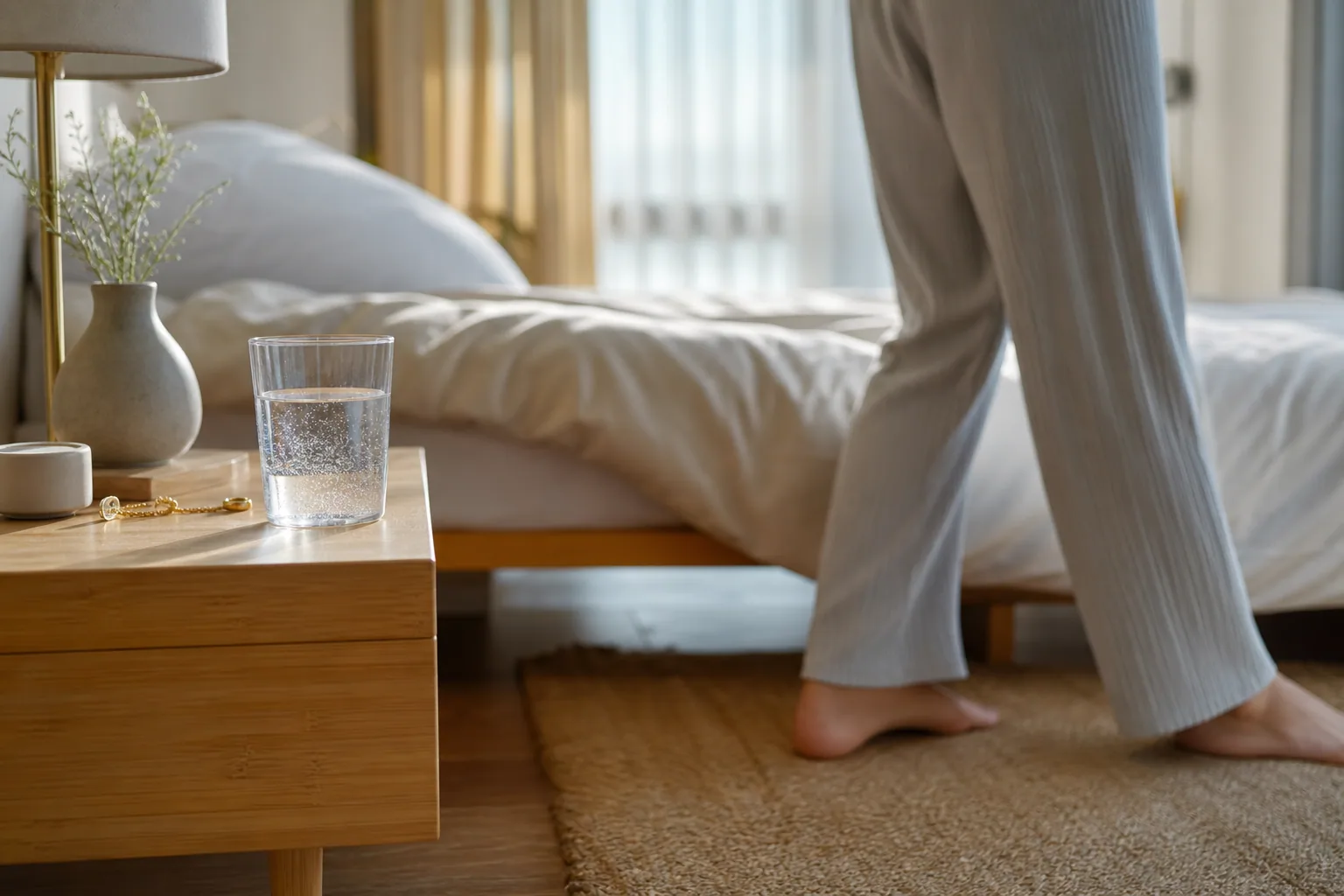 Personne assise au bord d'un lit, main sur le front, lumière douce du matin