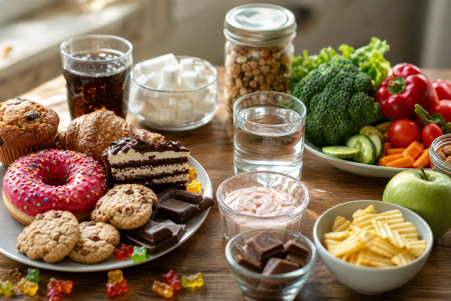 Petit-déjeuner sucré avec viennoiserie, jus de fruit et céréales sur une table en bois