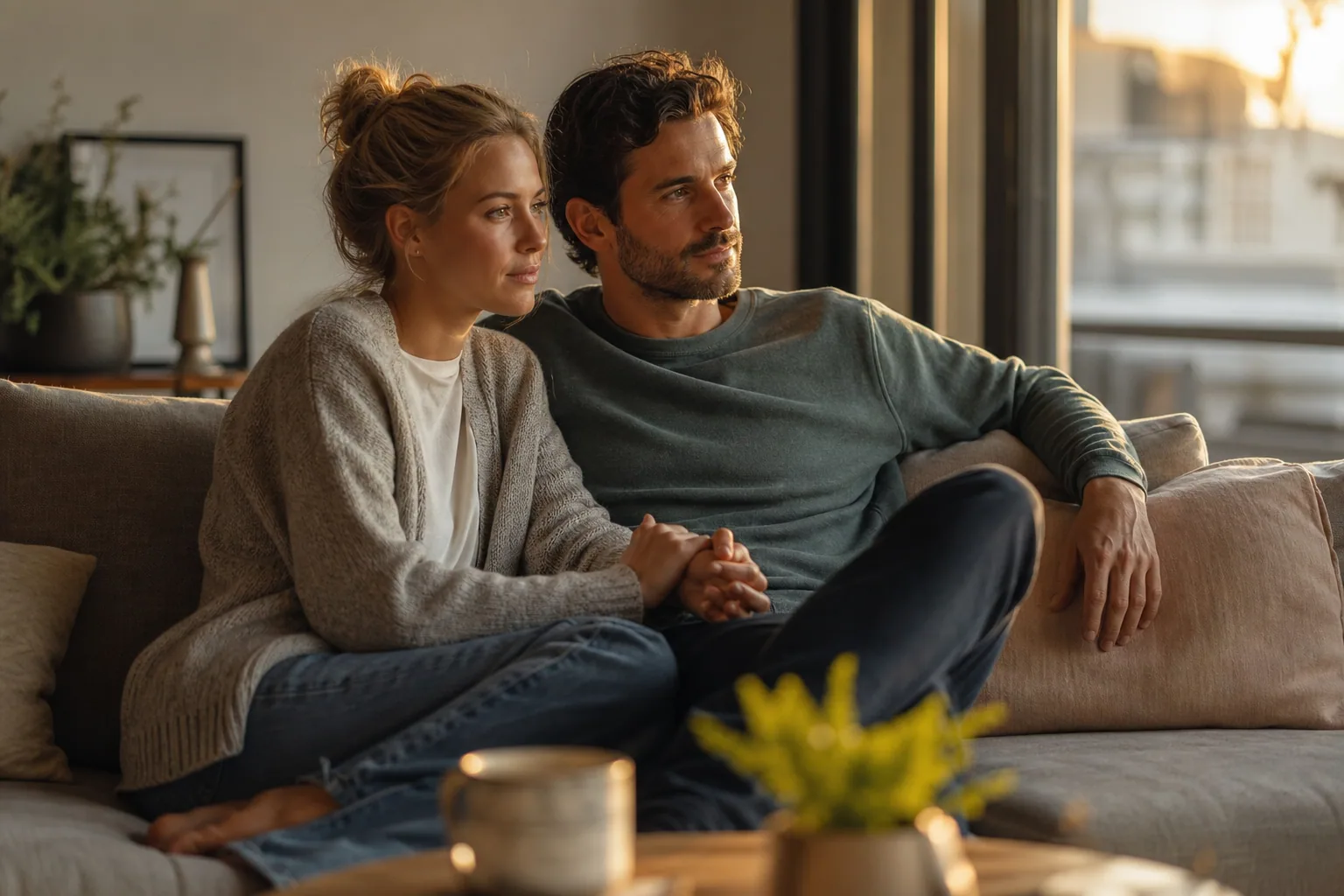 Couple assis sur un canapé se tenant la main, lumière dorée de fin de journée, ambiance douce et pensive