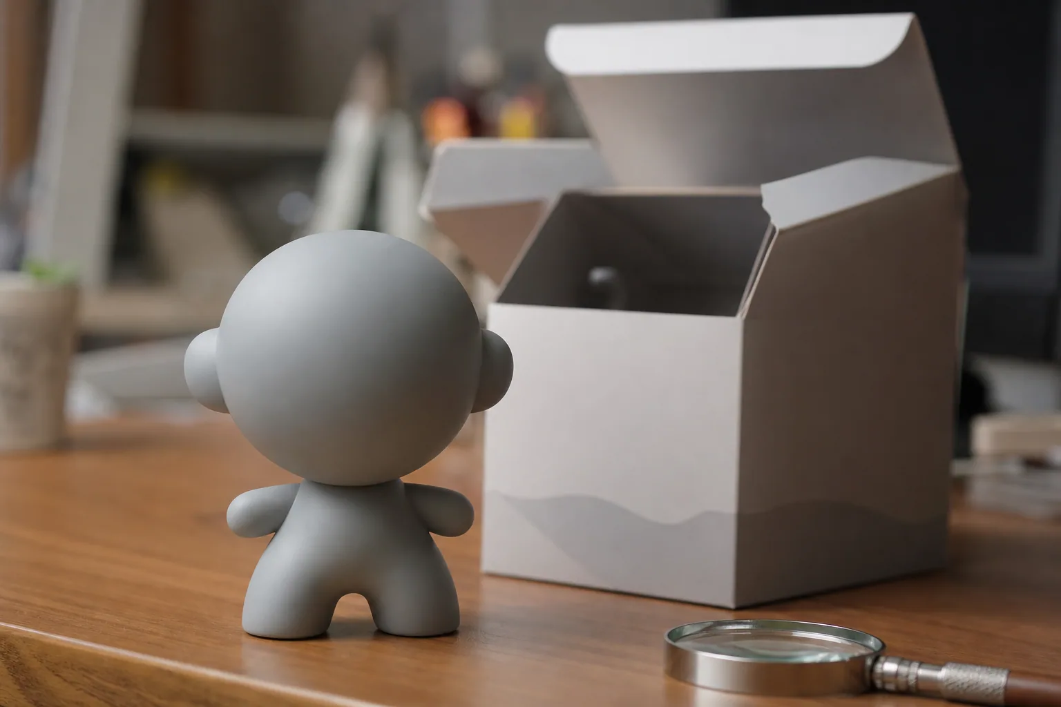 Figurine de collection générique posée à côté de sa boîte ouverte, loupe sur un bureau en bois