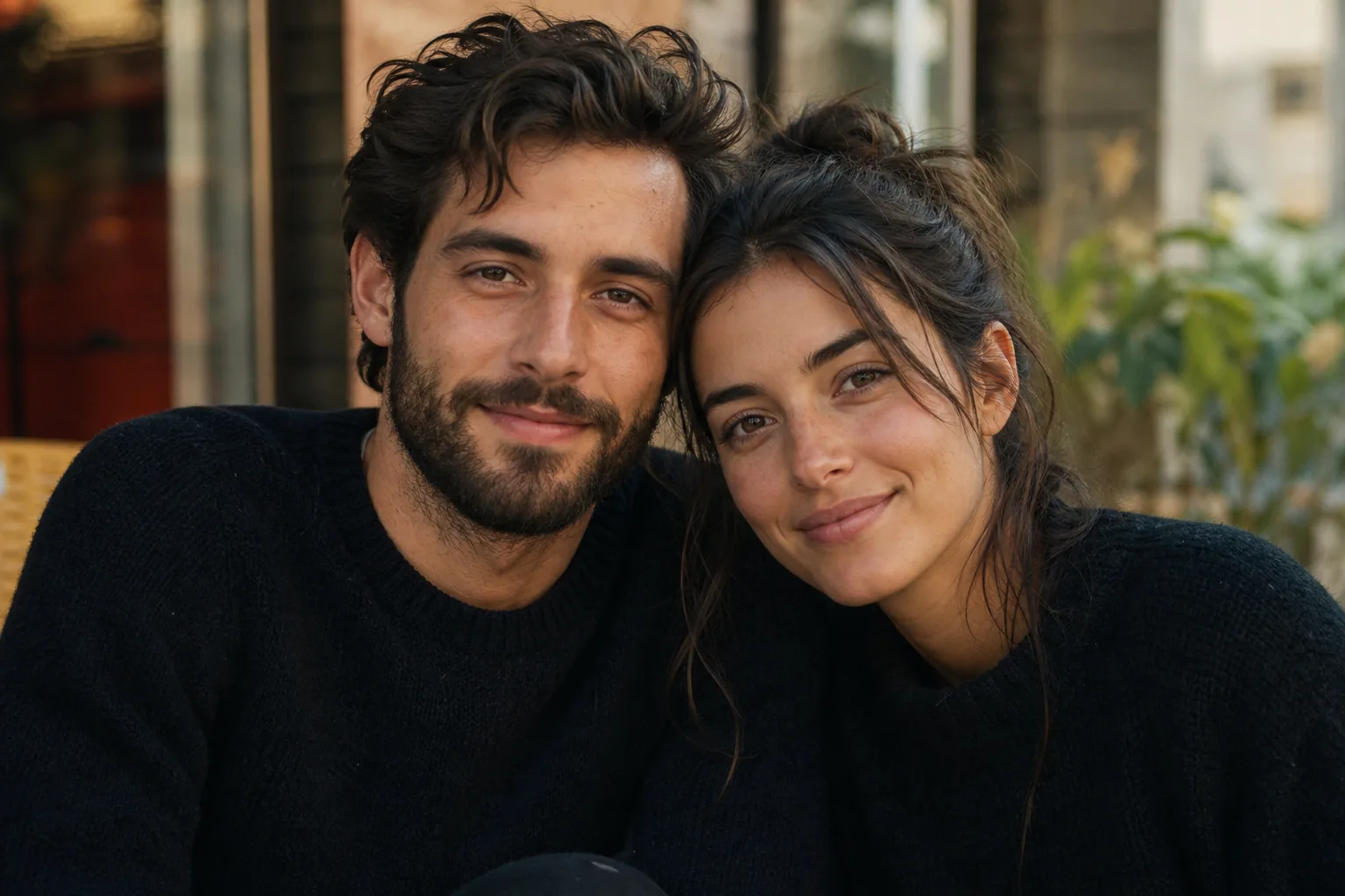 Couple âgé souriant assis côte à côte sur un banc extérieur, lumière naturelle chaleureuse, complicité visible