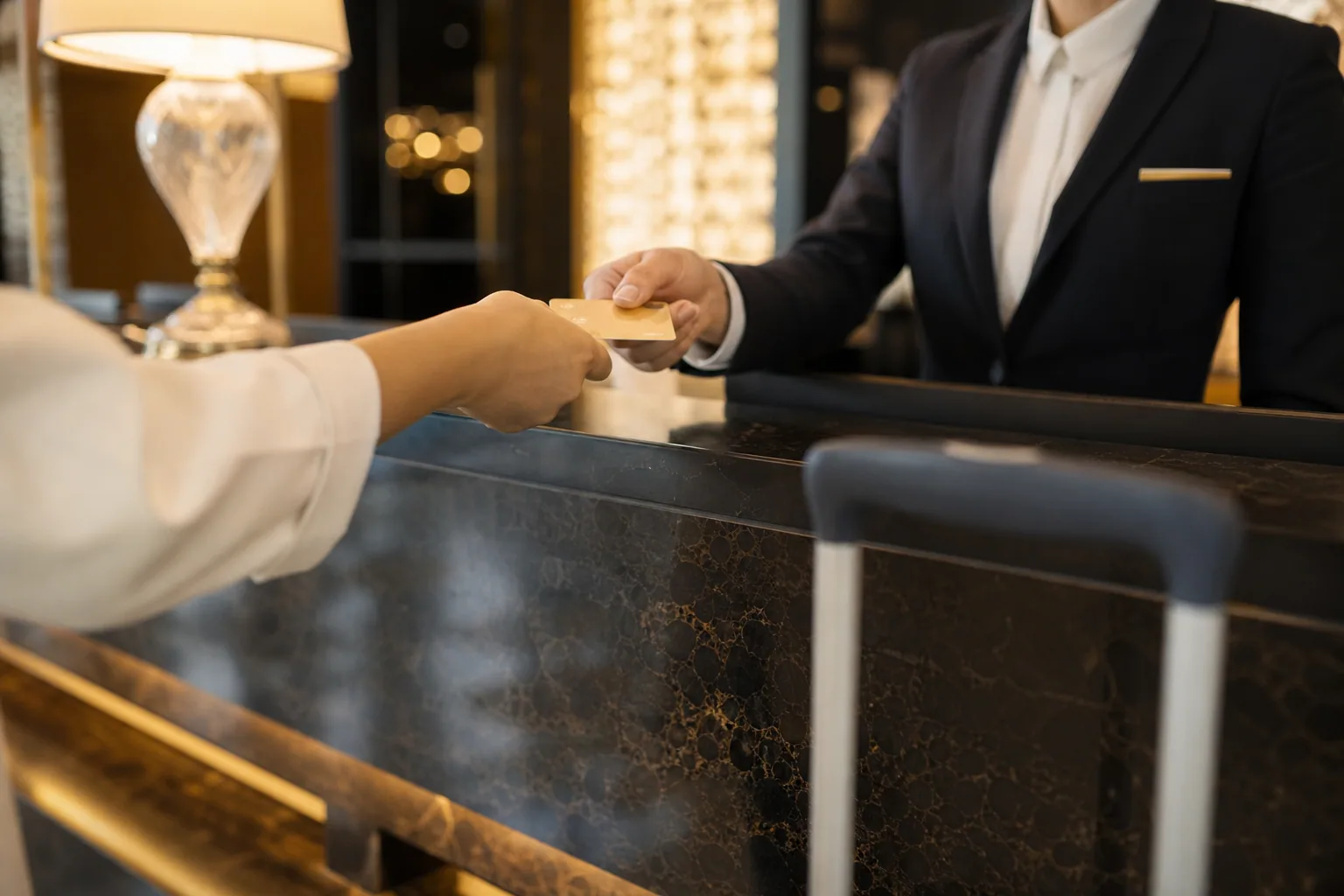 Réception d'hôtel avec comptoir en bois clair, carte bancaire posée à côté d'un terminal de paiement, lumière naturelle