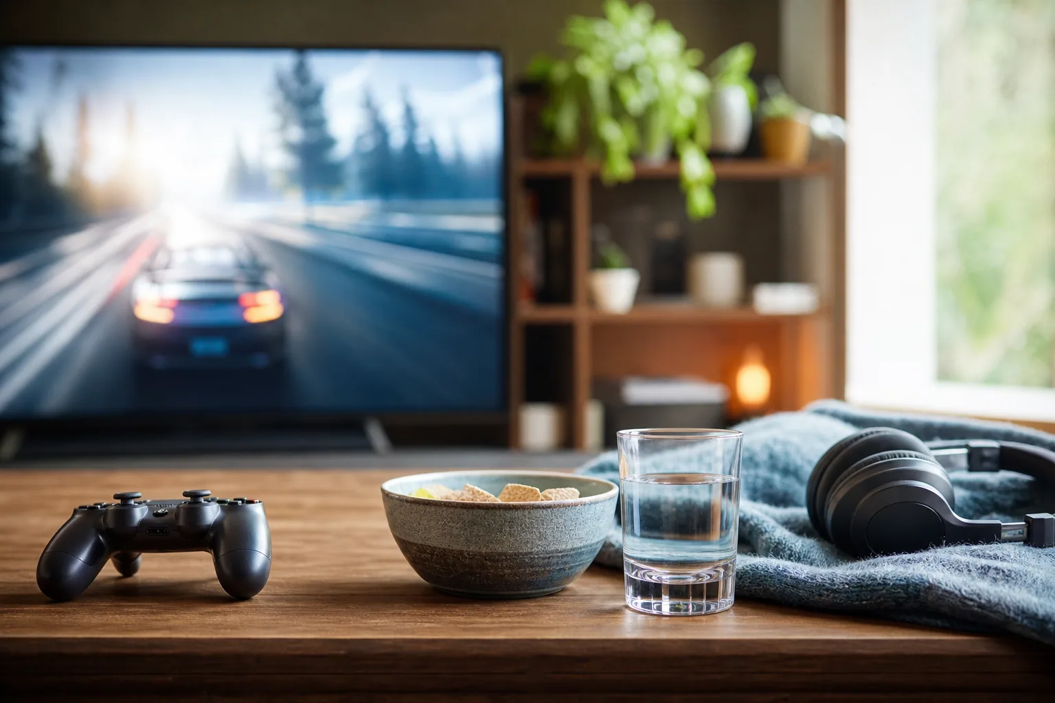 Joueur casque de réalité virtuelle sur la tête dans un salon faiblement éclairé, manettes en main
