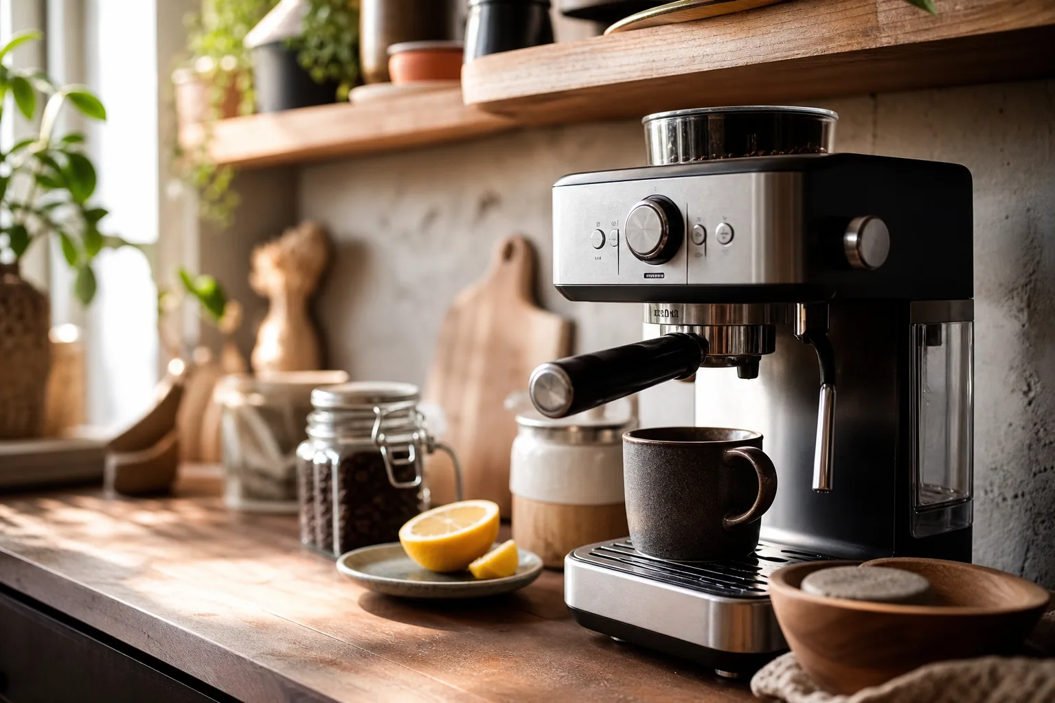 Machine à café expresso sur un plan de travail avec une petite bouteille de détartrant et un réservoir d'eau amovible