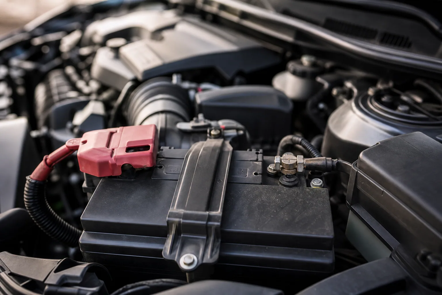 Batterie de voiture sous le capot ouvert d'un véhicule, cosses visibles, lumière naturelle de garage