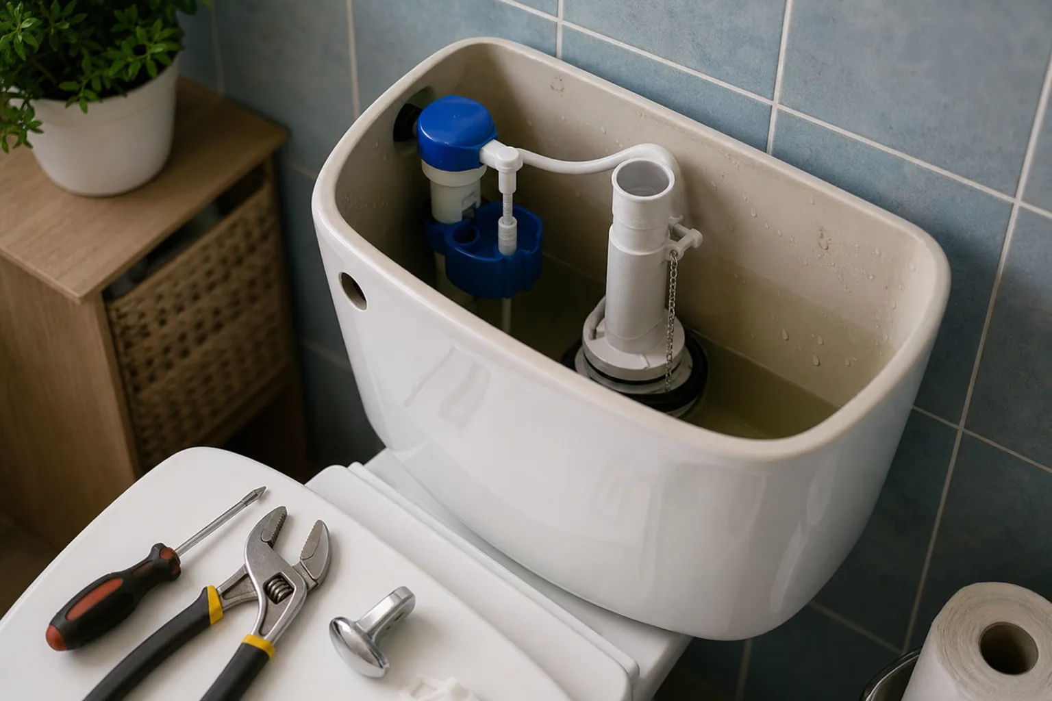 Réservoir de WC ouvert laissant voir le mécanisme de chasse d'eau, clapet et flotteur