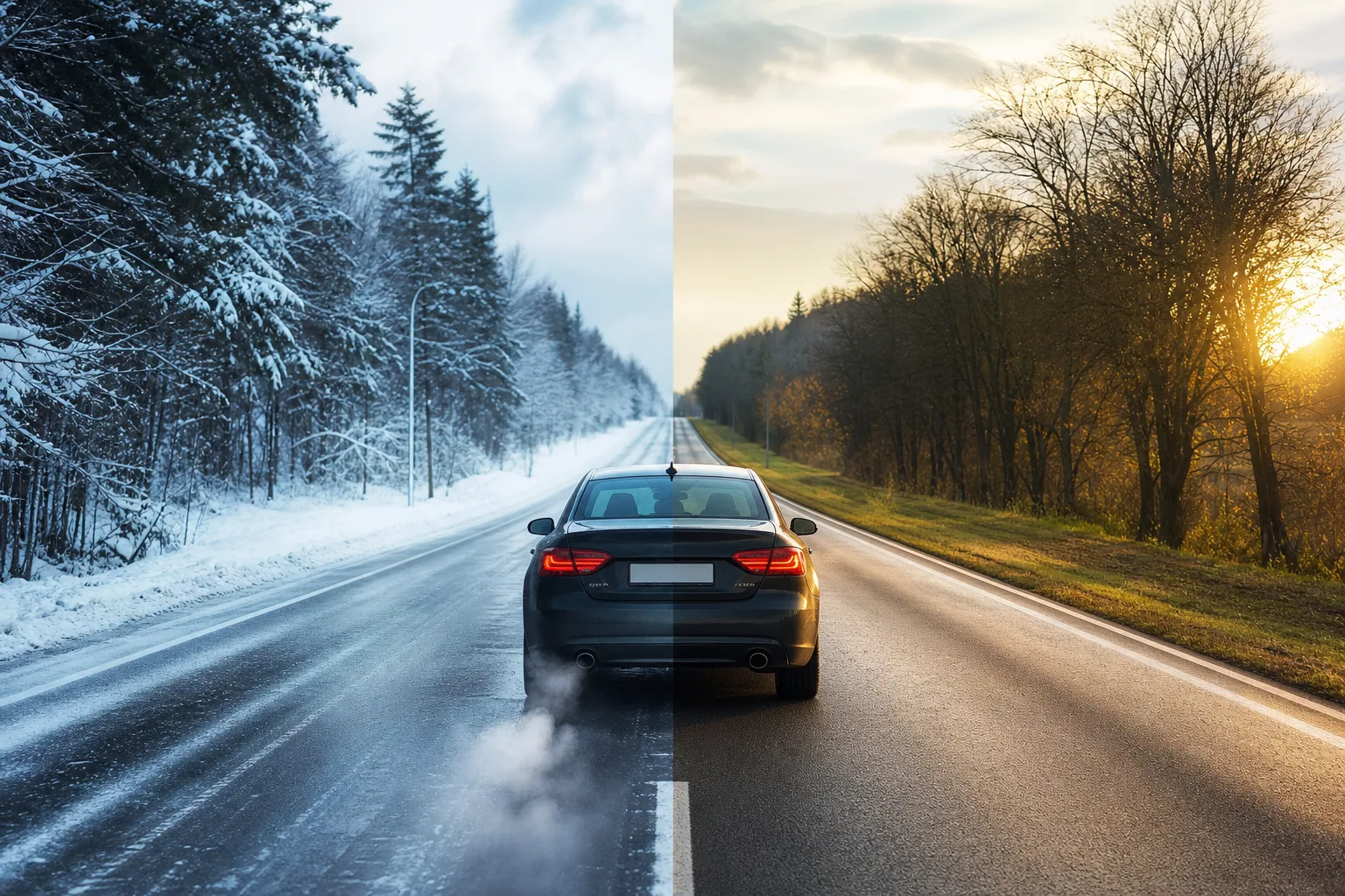 Voiture démarrant par temps froid, pare-brise légèrement givré, buée s'échappant du pot d'échappement