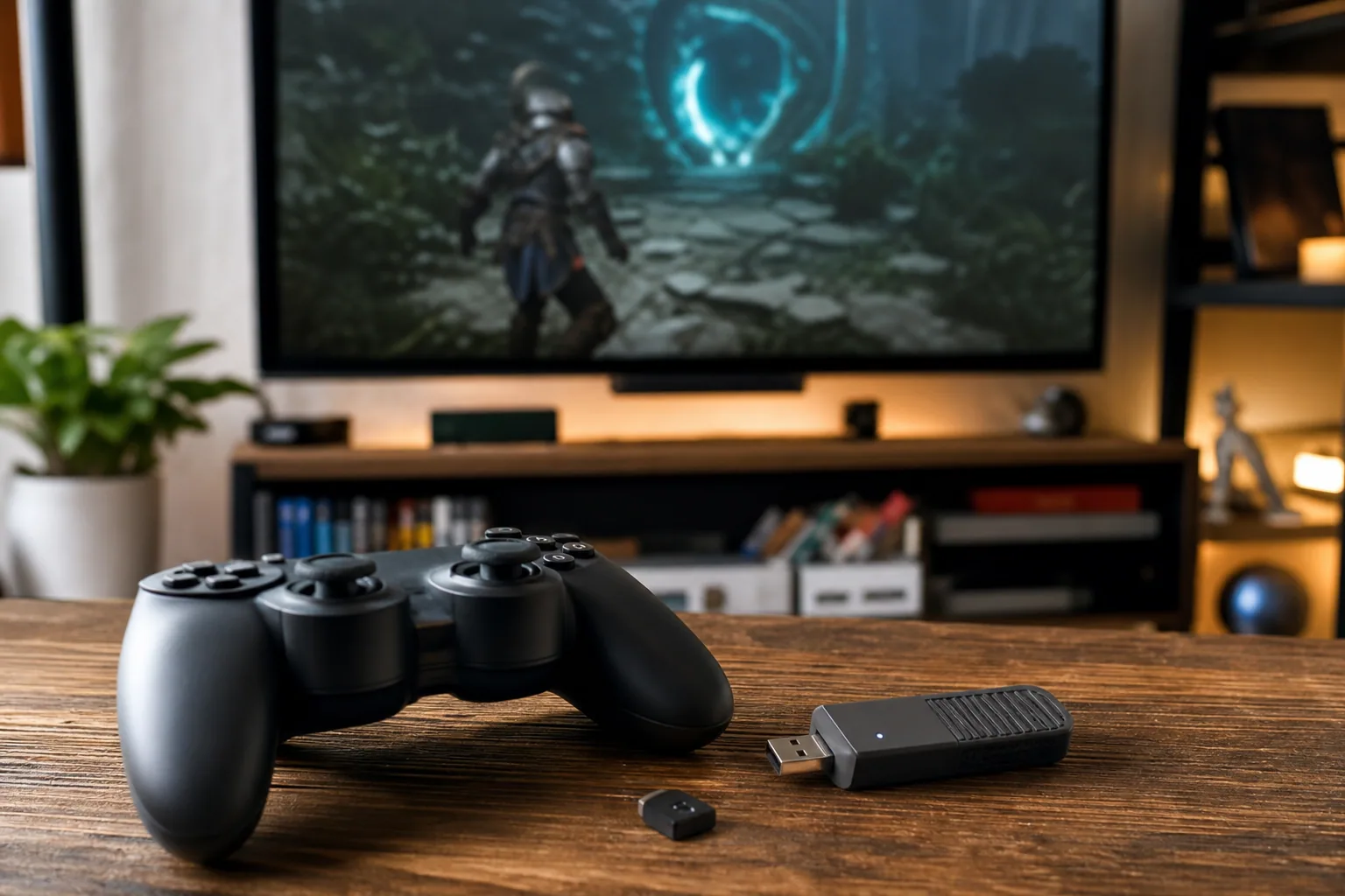 Manette de jeu vidéo sans fil posée devant un écran de console allumé, salon en soirée