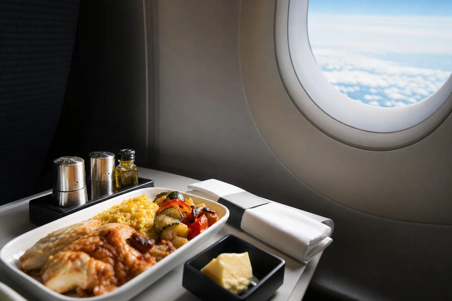 Plateau-repas servi en cabine d'avion, hublot en arrière-plan avec vue sur les nuages, lumière naturelle