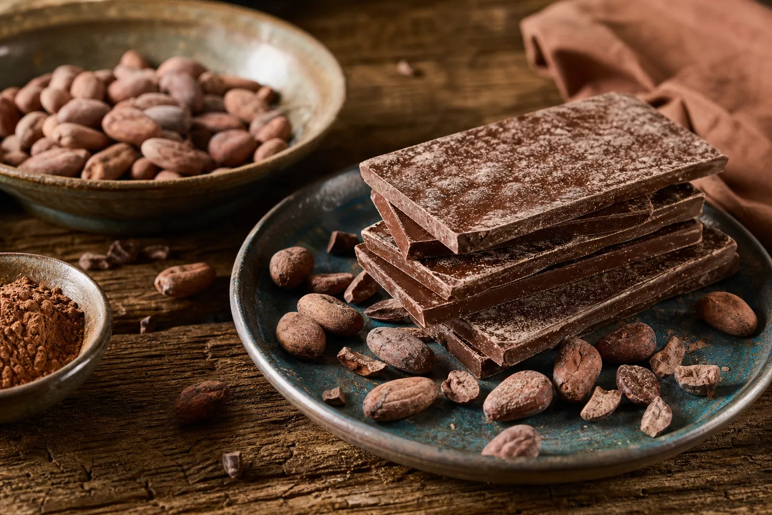 Morceaux de tablette de chocolat empilés sur une assiette, surface voilée de blanc, fèves de cacao autour