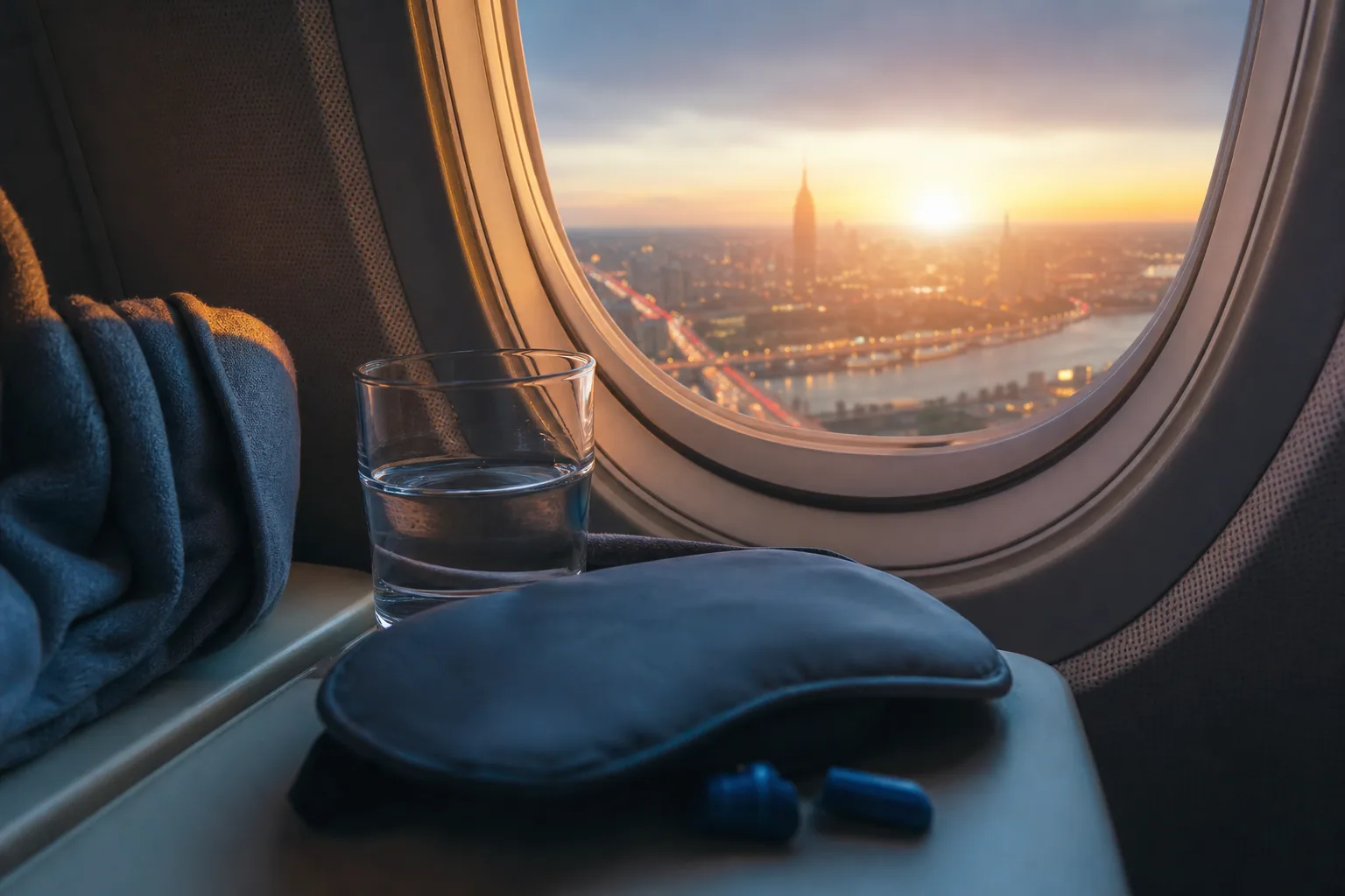 Passager regardant par le hublot d’un avion au lever du jour, carte du monde en filigrane