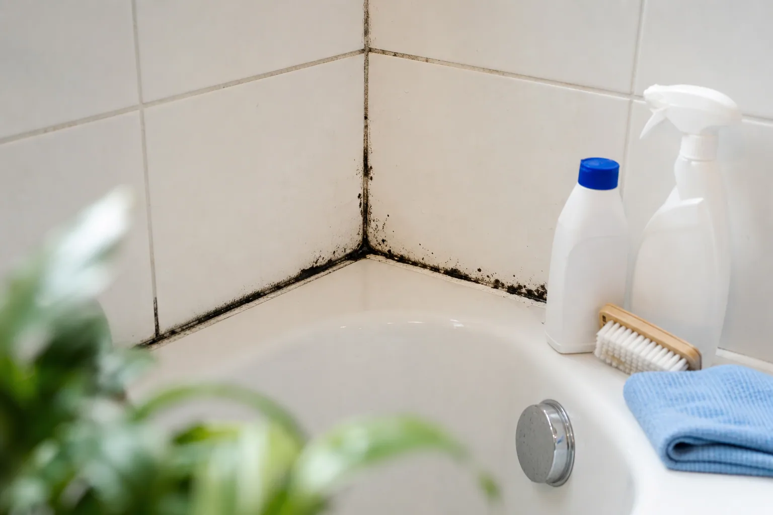 Gros plan sur un joint de silicone blanc et propre autour d'une douche carrelée