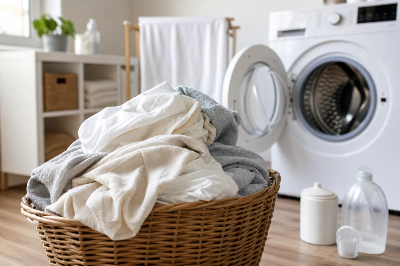 Linge propre plié dans un panier en osier près d’un lave-linge, lumière naturelle douce