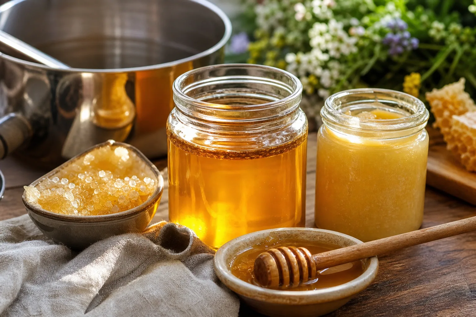 Pot de miel cristallisé et miel liquide doré coulant d'une cuillère en bois sur une table de cuisine
