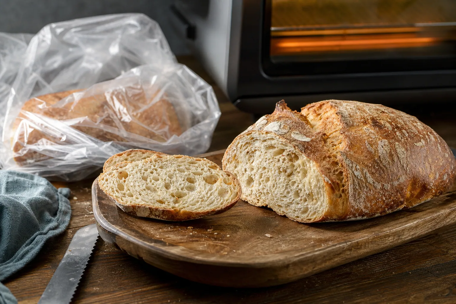 Baguette de pain sortant du four sur une grille, croûte dorée et craquante, lumière naturelle de cuisine