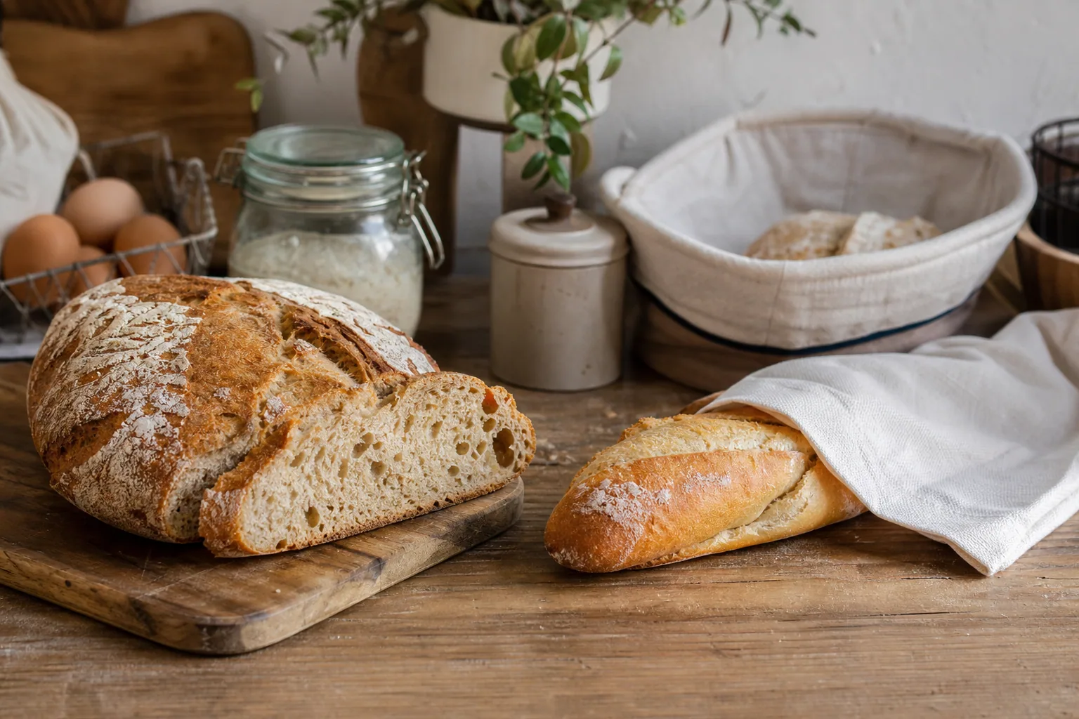 Pain de campagne maison entier posé sur une planche en bois avec de la farine et un torchon en lin