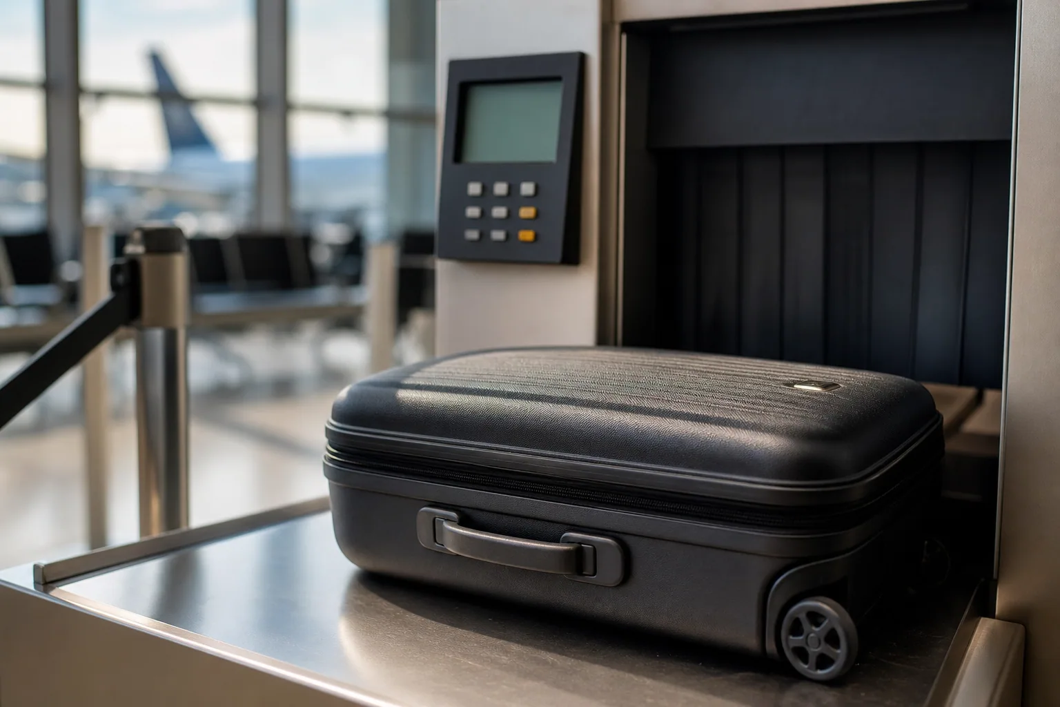 Bagage cabine posé sur une balance au comptoir d'enregistrement d'un aéroport, ambiance lumineuse