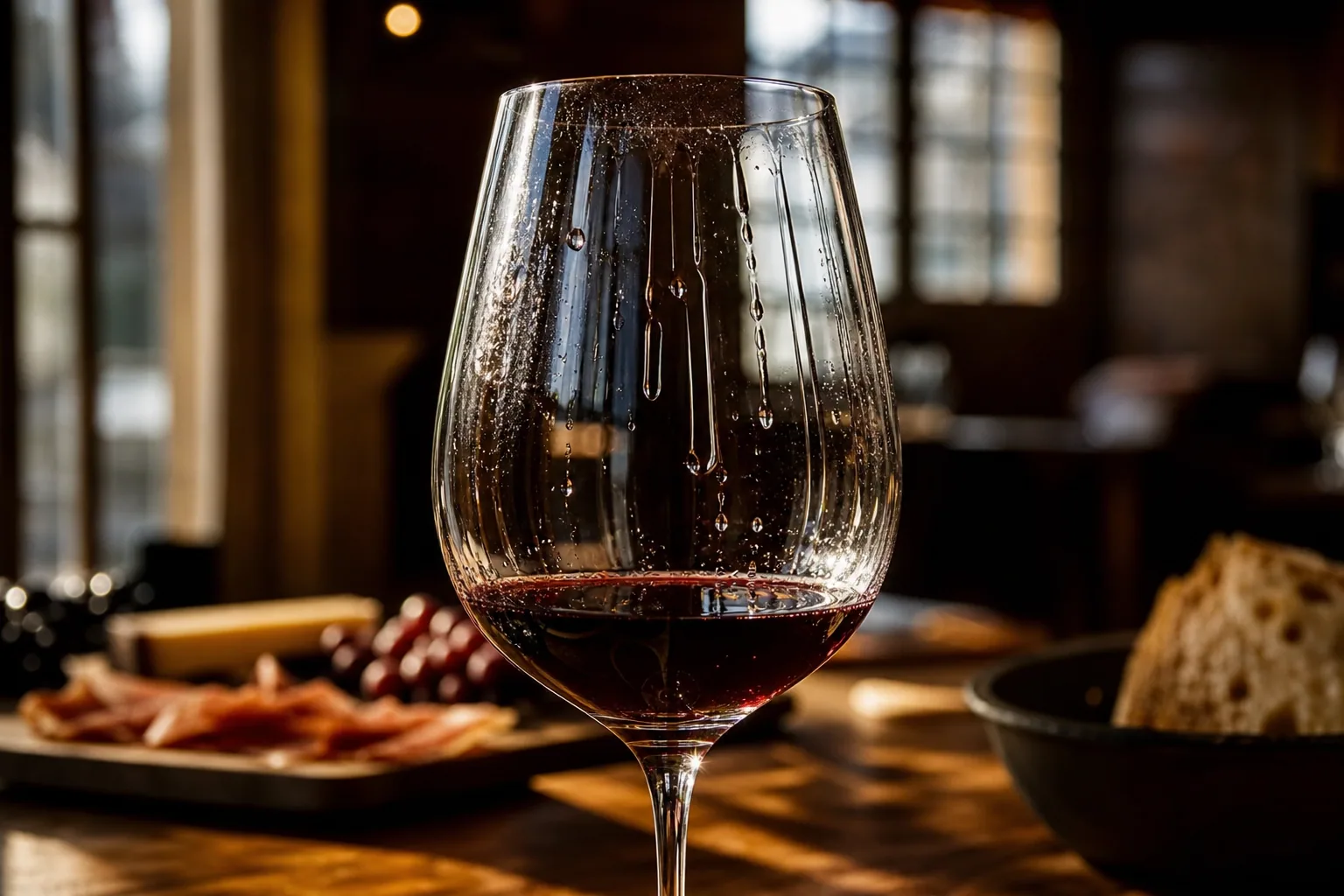 Verre de vin rouge à moitié plein avec des larmes visibles sur la paroi, lumière tamisée