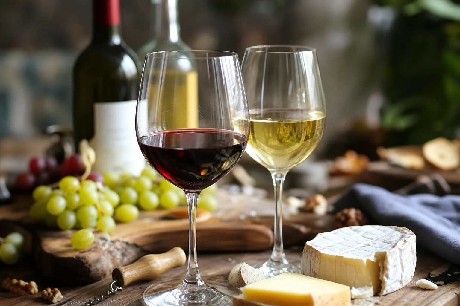 Deux verres de vin, un rouge et un blanc, posés sur une table en bois avec une bouteille en arrière-plan, lumière tamisée