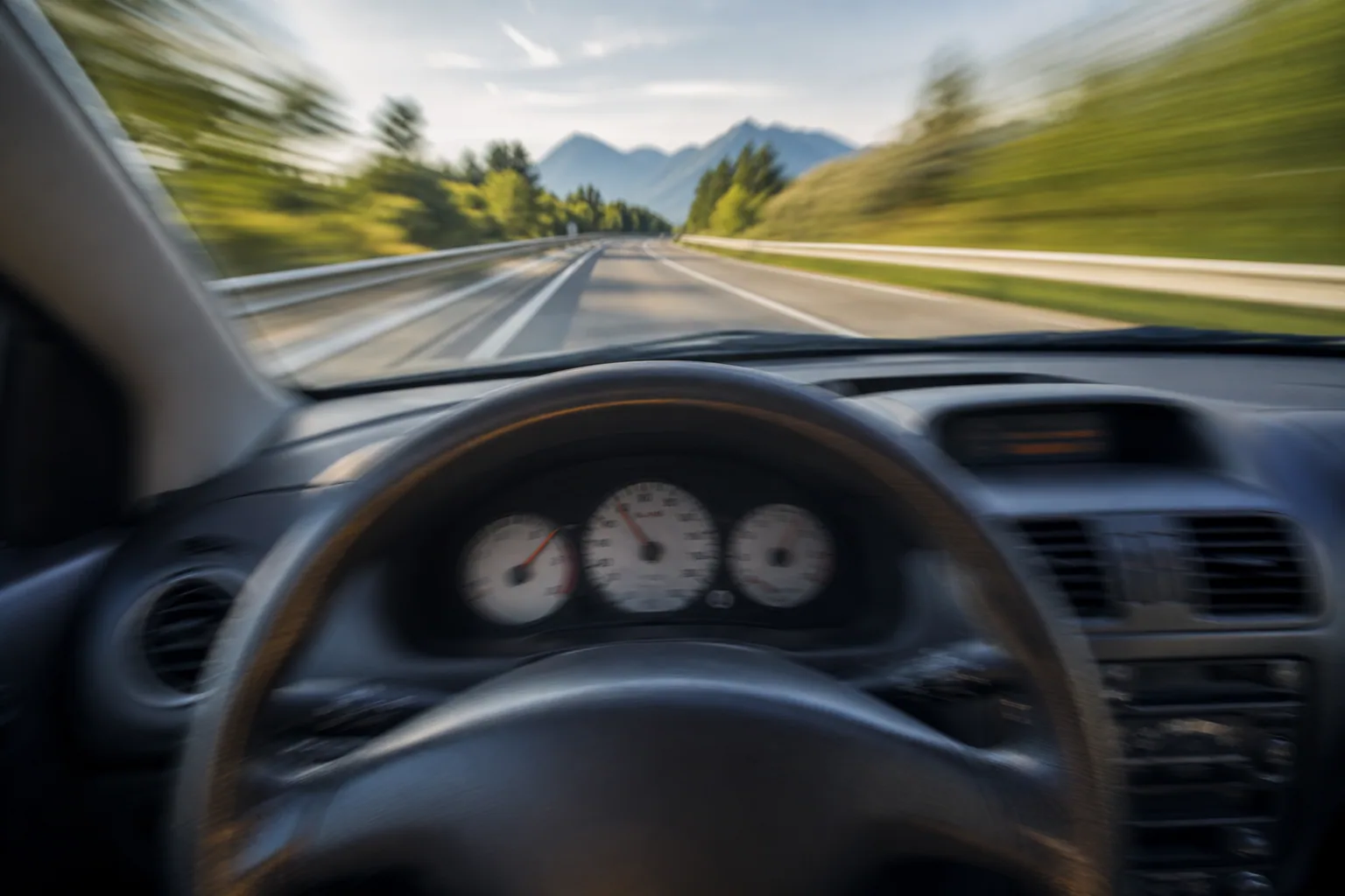 Gros plan sur un volant de voiture tenu à deux mains sur une route à grande vitesse
