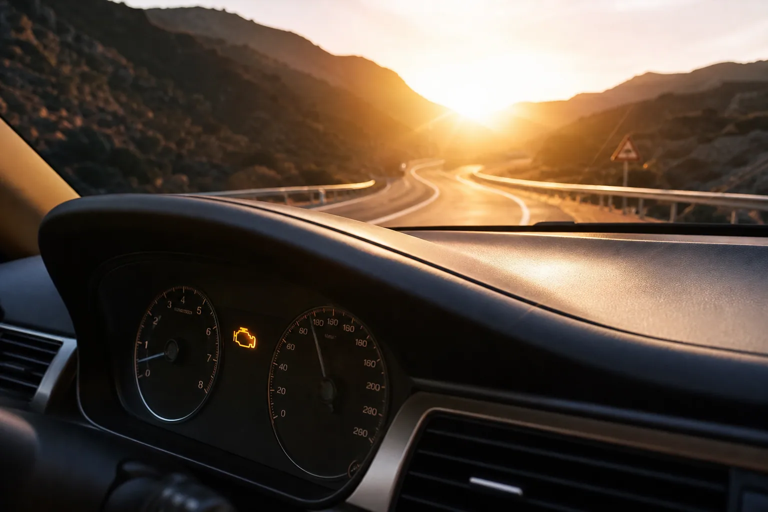 Tableau de bord de voiture avec témoin moteur orange allumé, route de montagne au coucher du soleil à travers le pare-brise