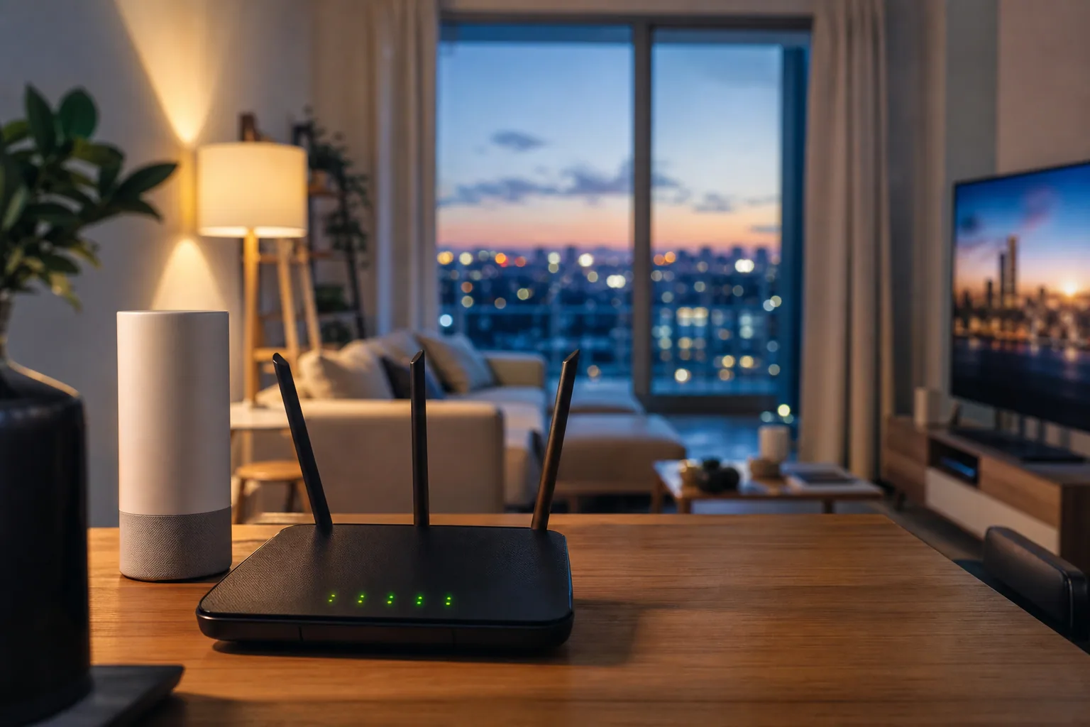 Routeur Wi-Fi domestique avec ses antennes allumées dans un salon en soirée