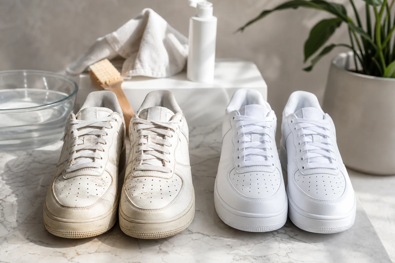 Paire de baskets blanches posées sur un fond clair, semelle légèrement jaunie visible