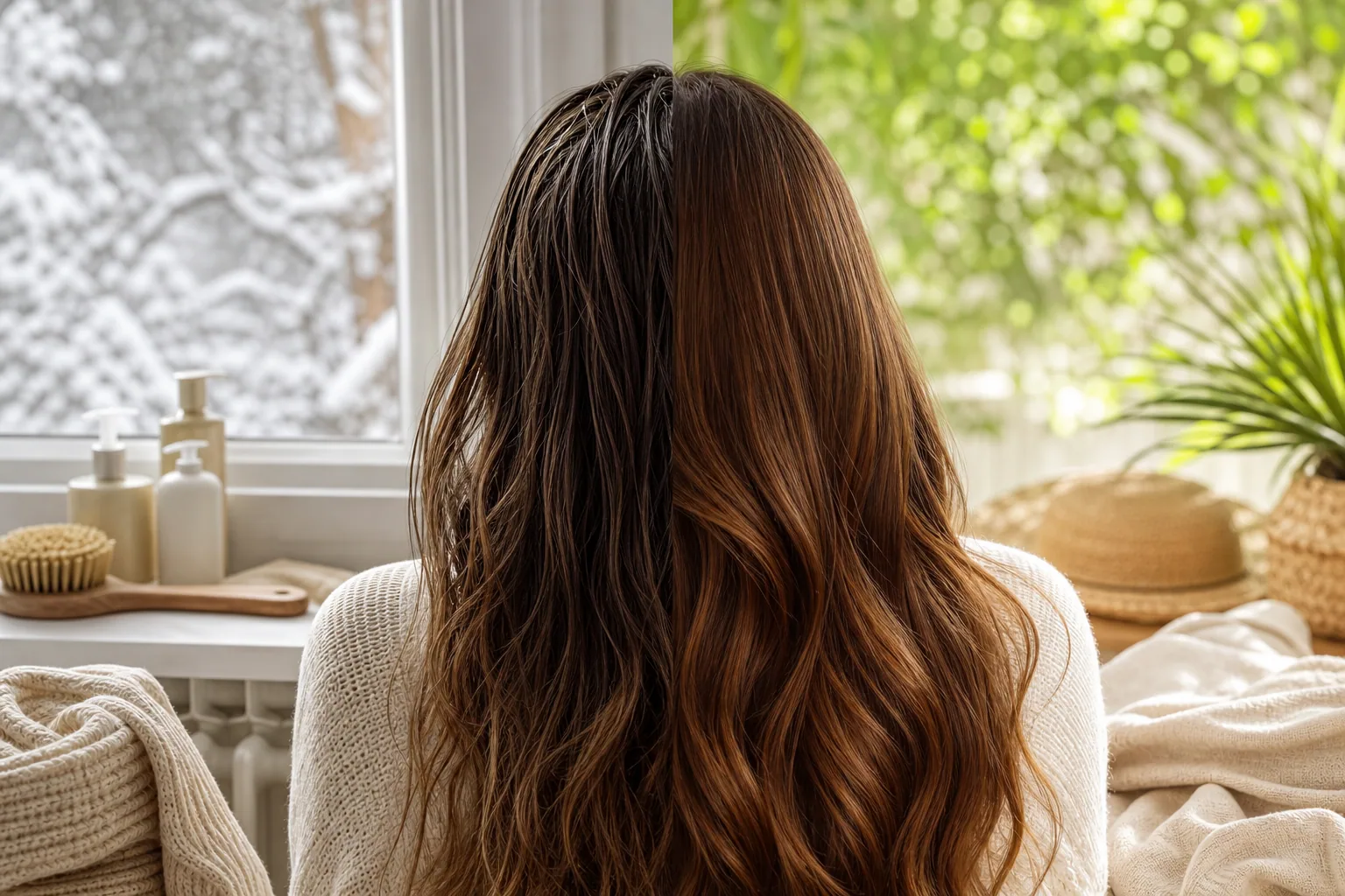 Femme se brossant les cheveux devant un miroir dans une salle de bain lumineuse en hiver