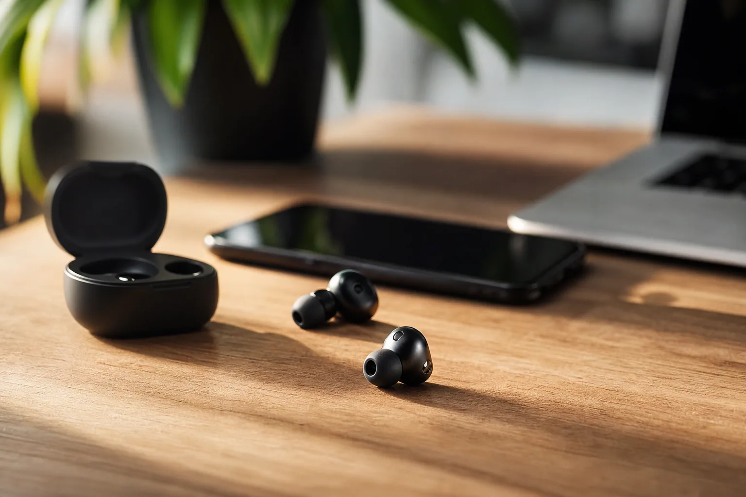 Écouteurs sans fil true wireless posés à côté de leur boîtier de charge ouvert, lumière naturelle