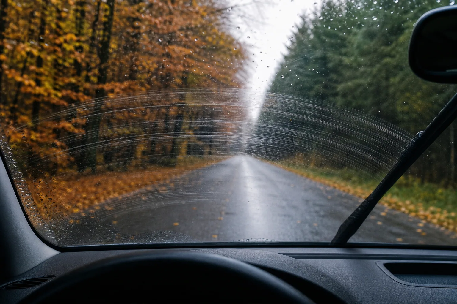 Essuie-glace sur un pare-brise de voiture sous la pluie, traînées visibles, lumière naturelle grise
