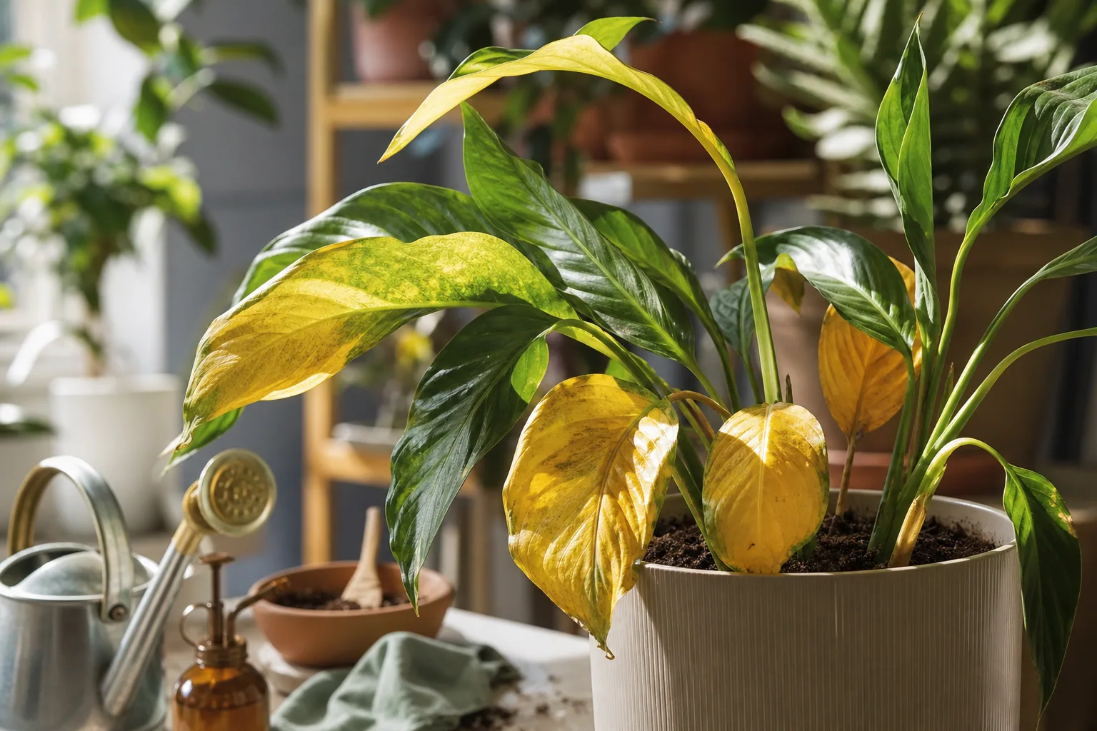 Feuilles jaunies d'une plante d'intérieur en pot, posée près d'une fenêtre lumineuse