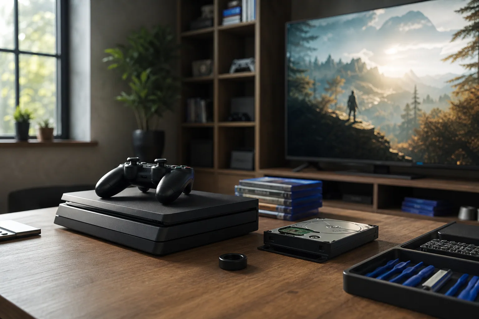 Écran affichant une bibliothèque de jeux vidéo en cours de téléchargement, console et manette au premier plan