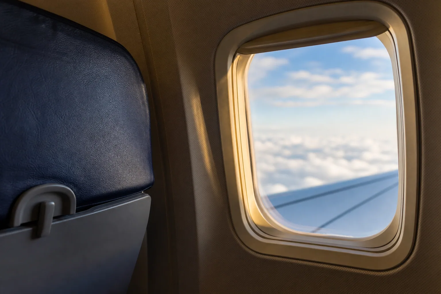 Vue par le hublot d'un avion en vol au-dessus des nuages, aile et ciel lumineux