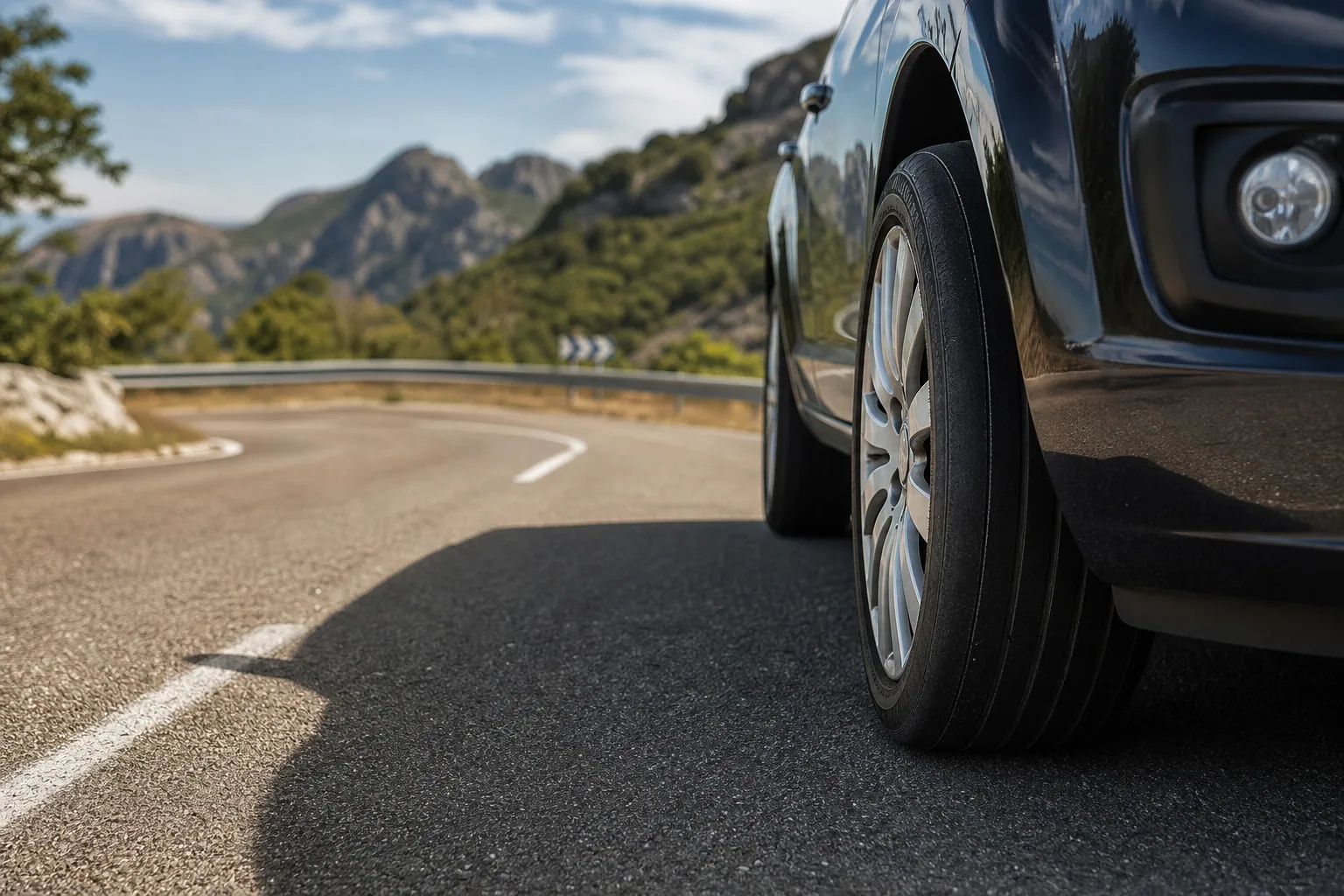Gros plan sur le pneu avant d'une voiture garée sur une route, sculptures bien visibles