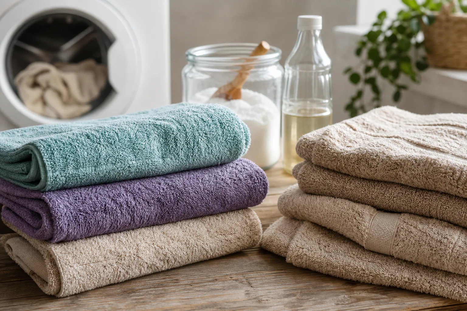 Serviettes de bain pliées et empilées sur une étagère en bois, lumière naturelle douce