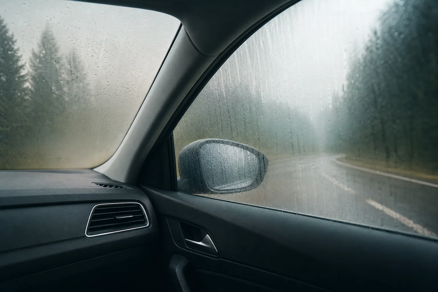 Pare-brise de voiture embué de l'intérieur avec une main dégageant une trace claire, lumière matinale froide