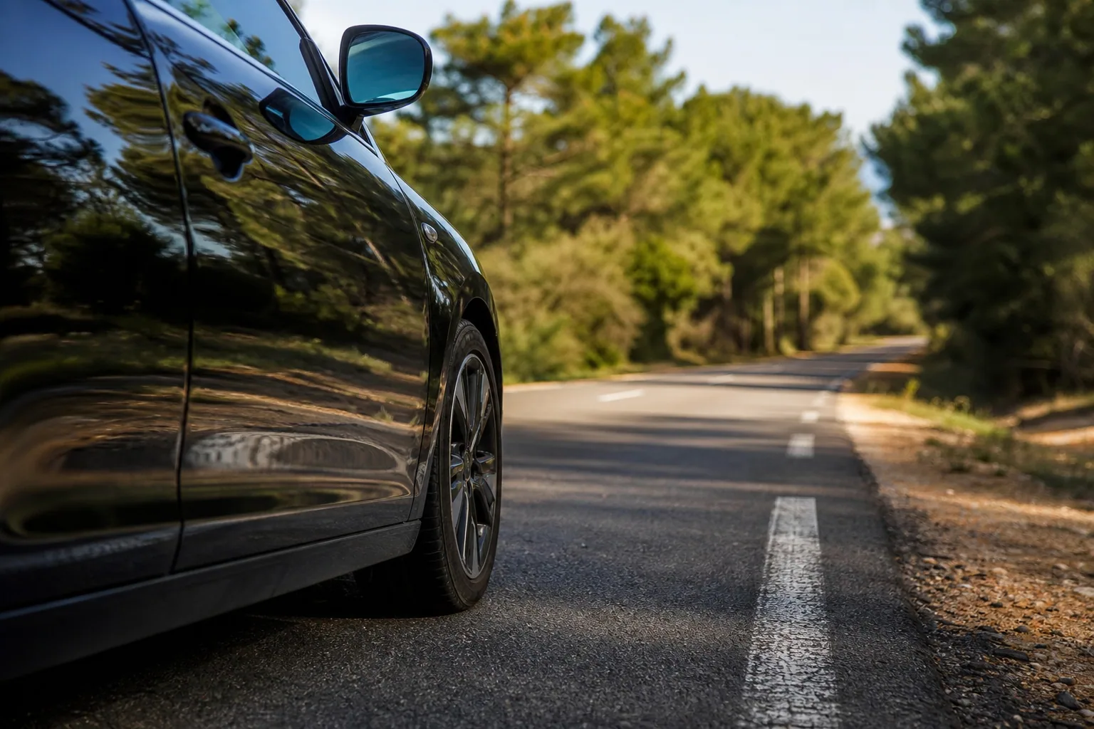 Gros plan sur un volant de voiture et une route droite visible à travers le pare-brise