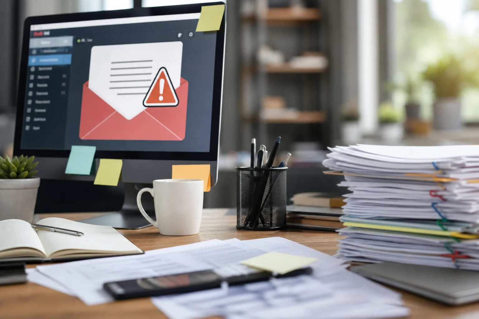 Écran d'ordinateur affichant une boîte de réception professionnelle avec un dossier spam, bureau lumineux