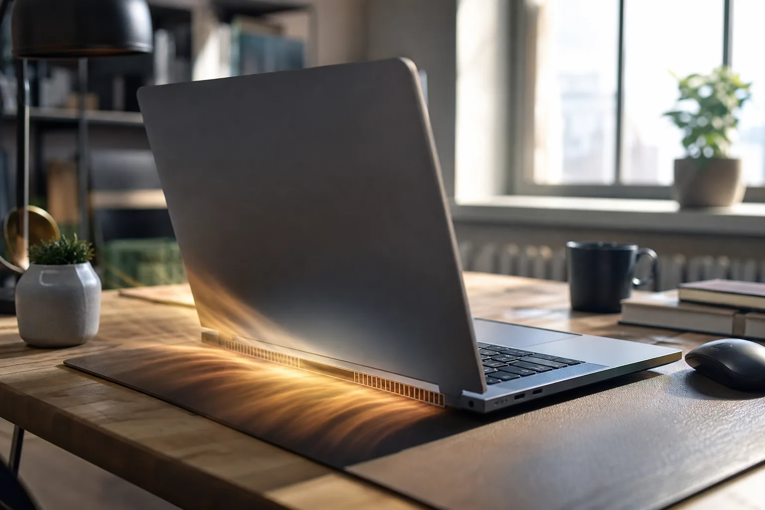 Ordinateur portable ouvert sur un bureau, grille d'aération visible sur le côté, lumière naturelle de bureau
