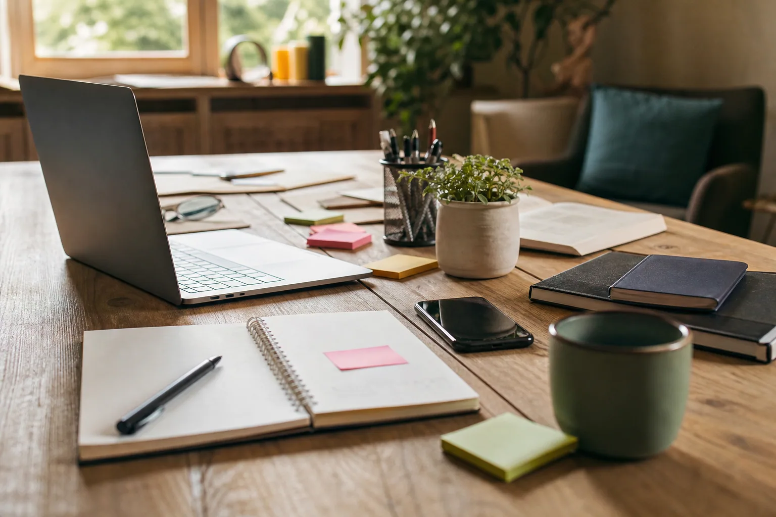 Bureau à domicile avec un cahier fermé et un ordinateur portable en veille, lumière de fin de journée