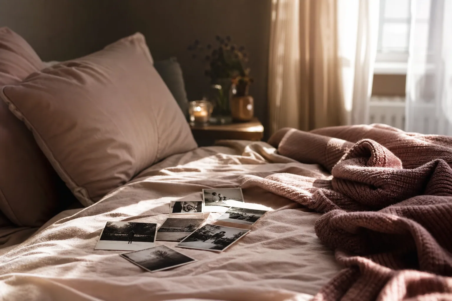 Chambre calme au petit matin, lumière douce sur un lit défait, ambiance onirique