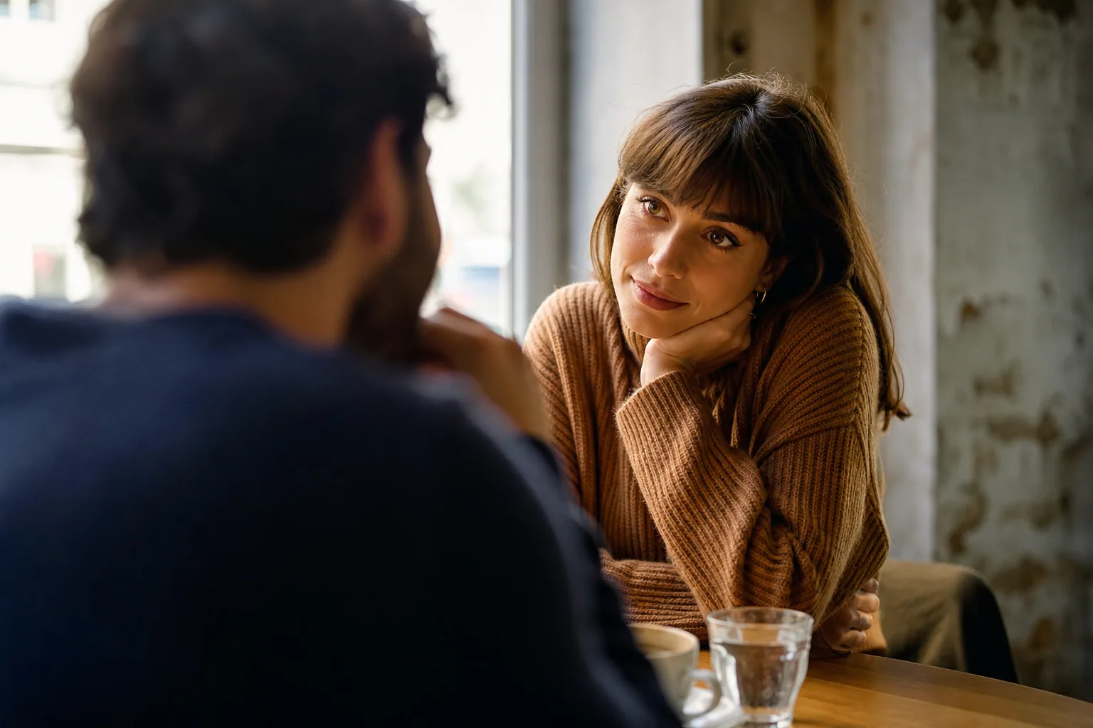 Deux personnes assises face à face dans un café, sourire timide, échange de regards, lumière naturelle chaleureuse