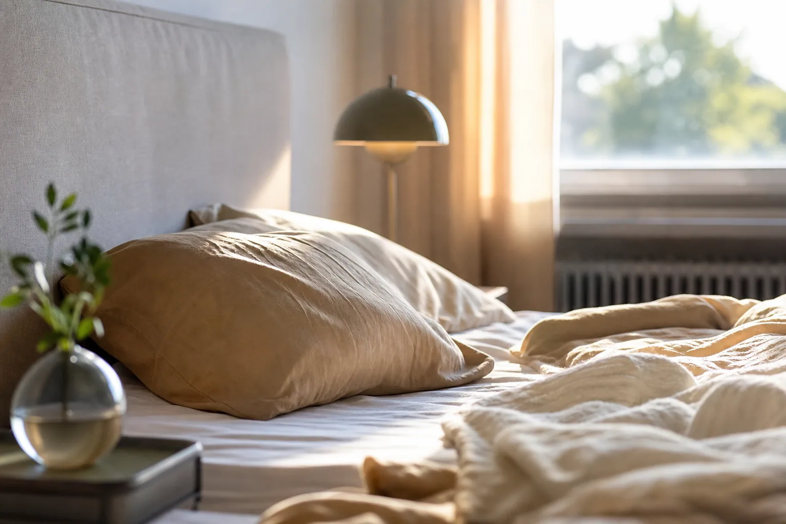 Personne allongée dans un lit tenant sa nuque douloureuse au réveil, lumière matinale douce