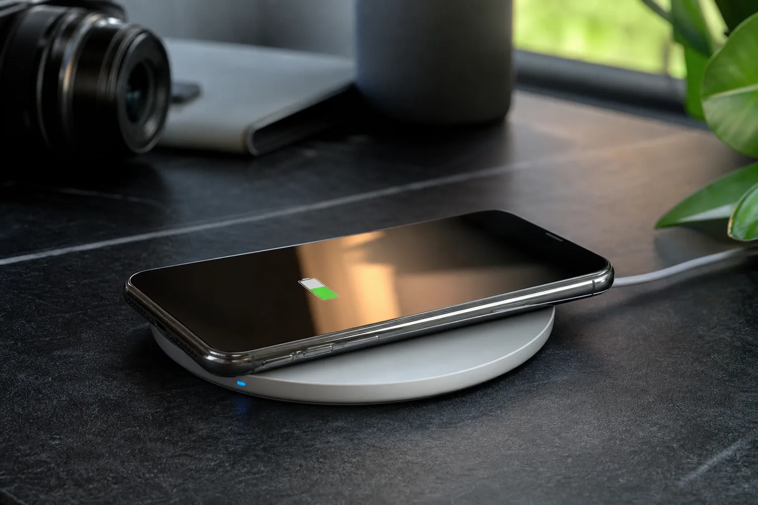 Smartphone posé sur un chargeur à induction, écran contre une surface en bois, lumière douce