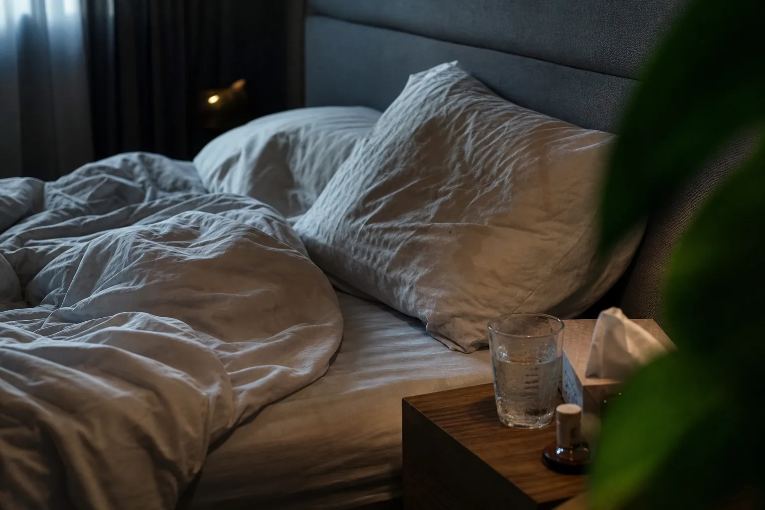 Chambre à coucher dans la pénombre, lit défait avec draps froissés, lumière tamisée du petit matin