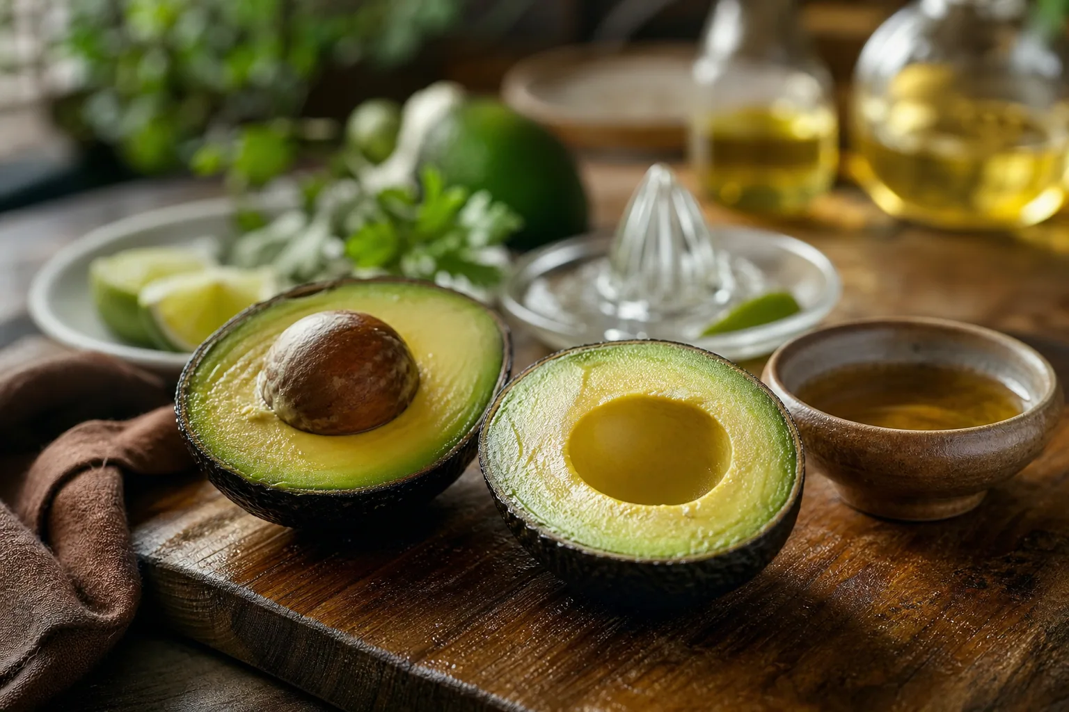 Avocat coupé en deux sur une planche à découper en bois, cuisine lumineuse, lumière naturelle